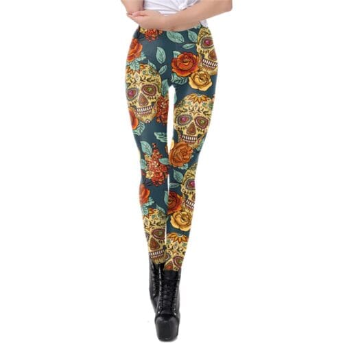 Front view of SUGAR SKULL WITH ROSES Leggings for Women